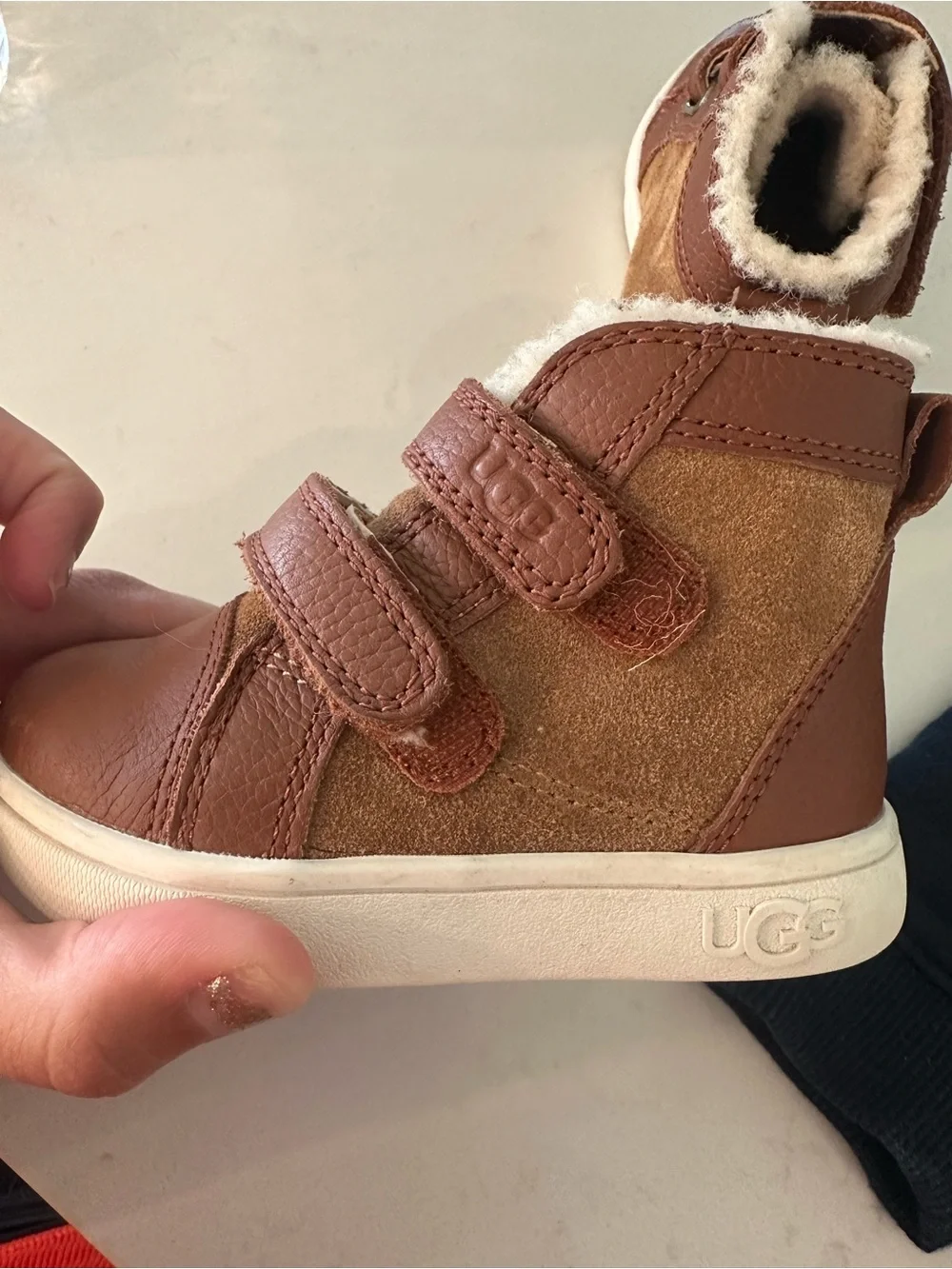 UGG Kids Brown Velcro Faux-Leather Lined Boots